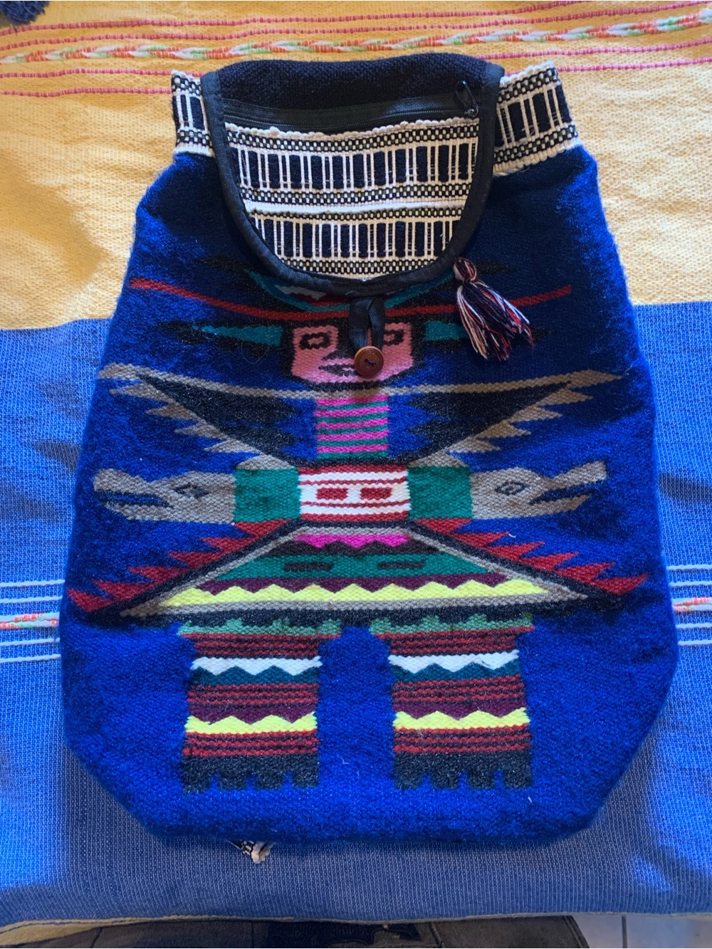 Handwoven Blue Aztec-Style Wool Backpack Vintage 1990’s From Ecuador